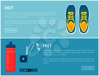 Hiit sportswear, sport shoes and helpful gadgets, blue sneakers and red sport bottle, portable music player and pulse sensor, vector illustration