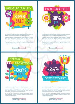 Premium quality best offer online promo banners set. Exclusive offer commercial Internet pages templates. Big sale web posters vector illustrations.