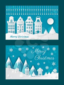 Merry Christmas, old town paper cuts, city view vector. Cut out of vintage buildings and snowing weather, mountains and hills. Evening and snowflakes