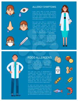 Allergy symptoms and food allergens vector posters with icons and doctors. Cough and rhinitis, high temperature and headache. Nuts and milk, shrimp and fish