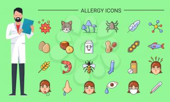 Allergy icons doctor with prescription in hands vector. Allergens and disease reasons, animals and flowers, food and symptoms. Eggs and beans, fish