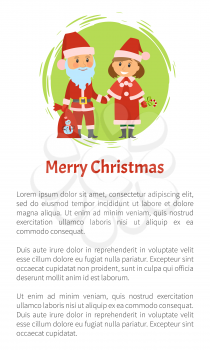 Merry Christmas poster, Santa Claus and helper in traditional costumes vector. Winter holidays characters with bag full of presents to kids, text sample
