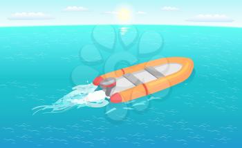 Inflatable rescue boat sailing in deep blue waters living trace. Safety rubber sailboat, transportation vehicle at sos situations, motor rowing craft vector