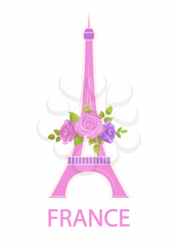 Eiffel Tower travel famous world sight decorated by flowers icon. Popular European landmark from Paris. Metal construction of France symbol vector isolated