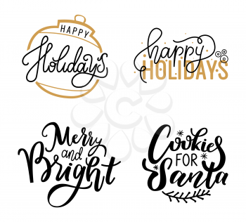 Happy holidays and cookies for Santa, merry and bright lettering doodles with wintertime branch and snowflakes. Sweets confectionery, vector calligraphy text