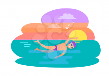 Butterfly stroke swimming style. Man practicing in evening, sunset on sea. Professional experienced swimmer exercising, seagull flying in sky vector