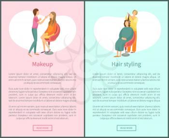 Makeup and hair styling web posters set with text. Spa salon visagiste and hairdresser vector. Woman making new hairstyle, wavy hair, face beautification