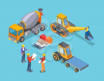 Construction machinery, concrete mixer and workers vector. People working with building development. Transports and automated constructing devices