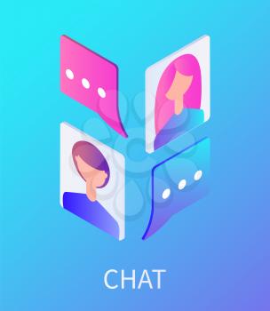 Chat female and male avatars isolated icons set vector. People using social networks and media to chat and speak. Communication and bubble chat box