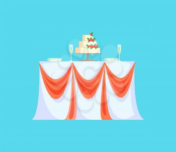 Restaurant table with wedding cake for celebration vector. Isolated icon of meal to celebrate engagement, ribbons on tablecloth and empty glasses