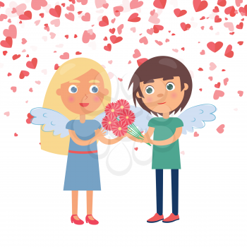 Boy making surprise for girlfriend giving bouquet. Couple with wings Valentine day, boyfriend giving flowers to girlfriend, card decorated by hearts vector