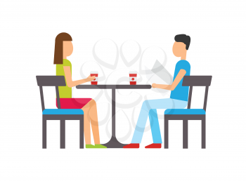 Man and woman drinking coffee at coffeehouse vector. Man reading printed menu, couple with hot beverages in cup, dining male with female by table