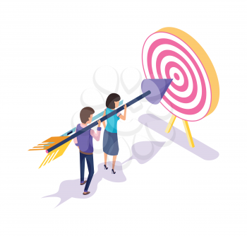 People working in team, achieving target and success vector. Teamwork, man and woman working on successful completion of task, holding arrow, aim on board