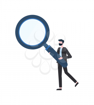 Man holding big magnifier, portrait view of person. Human inspection in suit with loupe, searching and exploration, blue lens, looking element vector