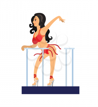 Go-go dancer on stage in beautiful red costume. Girl with long dark hair and high hills dancing in night club. Festival evening entertainment vector