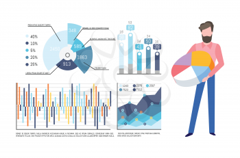 Infographics and charts vector. Businessman with pie diagram having colored sectors. Visualization of data, presentation of information in visual form