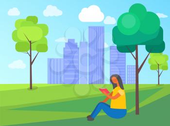 Woman sitting on grass in city park and reading book on background of skyscrapers. Vector cartoon girl with textbook in hands. Female reader on nature