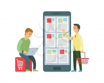 Shopping men people vector, online orders from internet. Smartphone with website and options to choose, ecommerce marketplace on cyberspace, customers