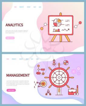 Analytics and management vector, business online web pages. Presentation with graphics and diagrams, steering wheel and target with arrows, briefcase. Website template landing page in flat