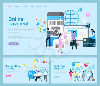 Online payment and transaction security, technical support vector. Smartphone and computer, laptop and credit card, barcode and global network, operators. Website or webpage template landing page in flat