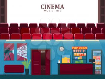 Cinema vector, movie theatre interior with sofa. Entertainment hall with seats for watching films, plant in pot, foliage decor, counter with food and snacks