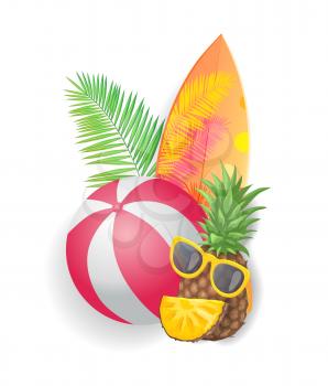 Summer holidays isolated icon closeup vector. Ball for water and beach games, surfing board with palm leaves print, pineapple and sunglasses sunshades