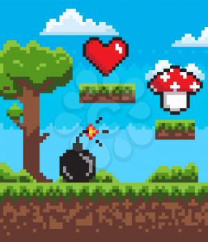 Pixel game elements vector, landscape with tree and grass, soil and ground heart and mushroom. Bomb with fire on top, explosive substance destruction, pixelated 8 bit objects for app game