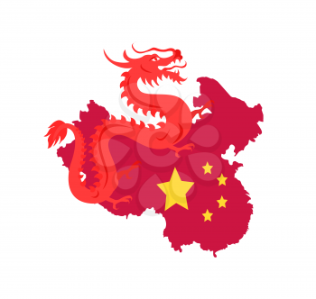 Mythological dragon creature vector, map of China with traditional flag made up of stars. Patriotic representation of Eastern Oriental country flat style
