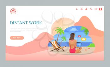 Woman freelancer using laptop on tropical beach, girl sitting on sand with wireless device, back view of person in swimsuit, distant work online vector. Website or frelance webpage, landing page