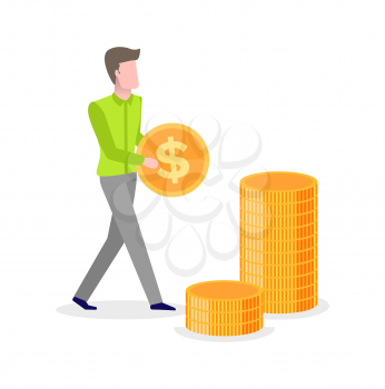 Man carrying golden coin in hands with dollar sign making stack of saved earnings. Vector money savings, male character and pile of gold, investments