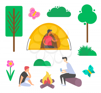 People sitting near bonfire, person in tent, bush and tree, flower and butterfly nature decoration element on white, green and wood, leisure vector