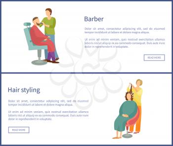 Barber for men beards, male specializing trimming hair on face. Service for people to change haircut. Posters set with text sample and experts vector