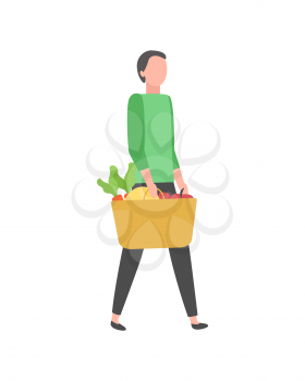 Man on shopping buying products isolated cartoon character. Vector male with bag or baskets full of grocery food, vegetables and greens, flat style