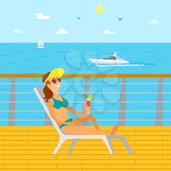Summer holidays of person vector, relaxing lady wearing hat sunbathing on chaise longue. Sailboat and motor ship on sea water, person with cocktail