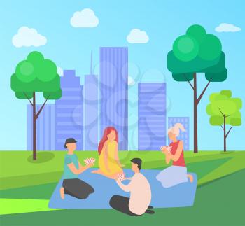 Man and woman playing cards vector, friends spending time together flat style, urban people sitting on blanket entertaining weekend in summertime