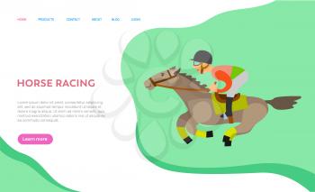 Horse racing vector, rider on animal, male wearing special clothes and helmet, equine sports participant, equestrian riding man with text. Website or webpage template, landing page flat style