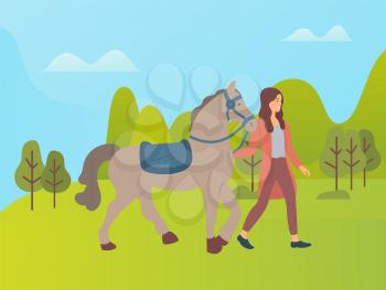 Forest nature vector, woman spending weekends with animals and natural park. Horse and female character touching mammal, mane or stallion flat style. Girl walking with brown horse