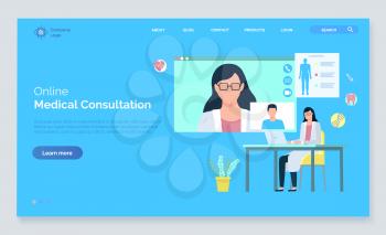 Online medical consultation, woman video chat, monitor of laptop, heart and teeth, dna and injection icons, hospital app, diagnostic care vector. Website or webpage template, landing page flat style