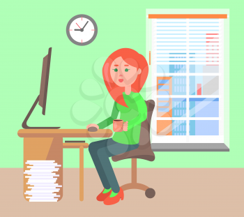 Woman working by table in bright office, businesswoman looking at computer and holding cup of coffee, interior with furniture, vector illustration