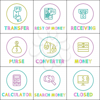 Operation with money online linear bright icons set. Web commerce and Internet business round buttons outline templates isolated vector illustrations.