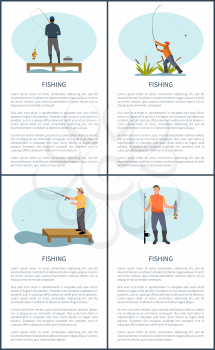 Fishing posters men set. People catching fish banners. Male sitting on wooden construction by river or lake with rod, fishery hobby vector illustration