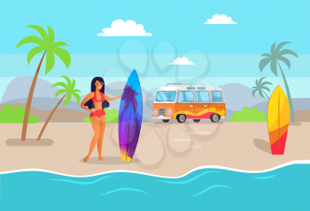 Woman holds surfboard smiling, water and car, palms with mountains in background, seaside under clouds, sea shore isolated on vector illustration.