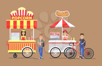 Popcorn hot-dog street cart and vendors set.Outdoor food snacks from carts with sellers in apron. People buy fastfood vector illustrations on beige backdrop