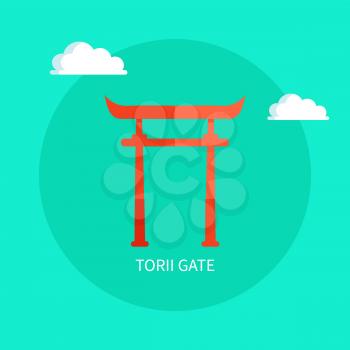 Torii Gate of red wood as old Japanese attraction. Unique Oriental style big arch. Authentic solid construction isolated flat vector illustration in circle