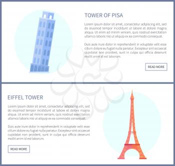 Tower of Pisa and Eiffel Tower, landmarks on web pages collection, text sample for tourists awareness, sightseeing in Europe, vector illustration
