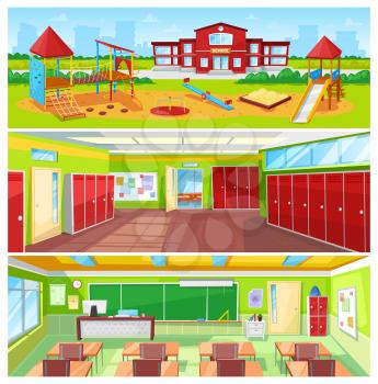 School interior and outdoor yard colorful banner, vector illustration of light classroom and huge hall with cupboards, spacious garden with swings