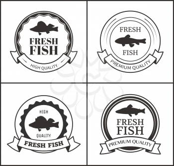 Premium and high quality, fresh fish caption. Vector round emblem with ribbonned edge and different fishery silhouette in middle black and white set.