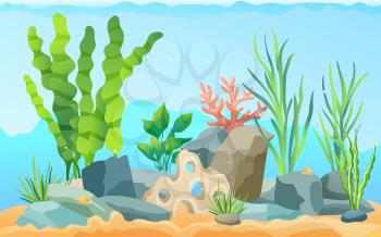 Seascape rocks and plants. Underwater view with sand and seaweed, snails animals crawling on bottom of sea. Aquatic image wildlife vector illustration