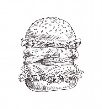 Hand drawn double burger vector monochrome illustration. Fast food badge sketch style for brochures and banner restaurant menu and cafe cover template