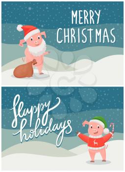 Happy holidays and Merry Christmas postcards. Piglet with bag on winter background with snowflakes vector